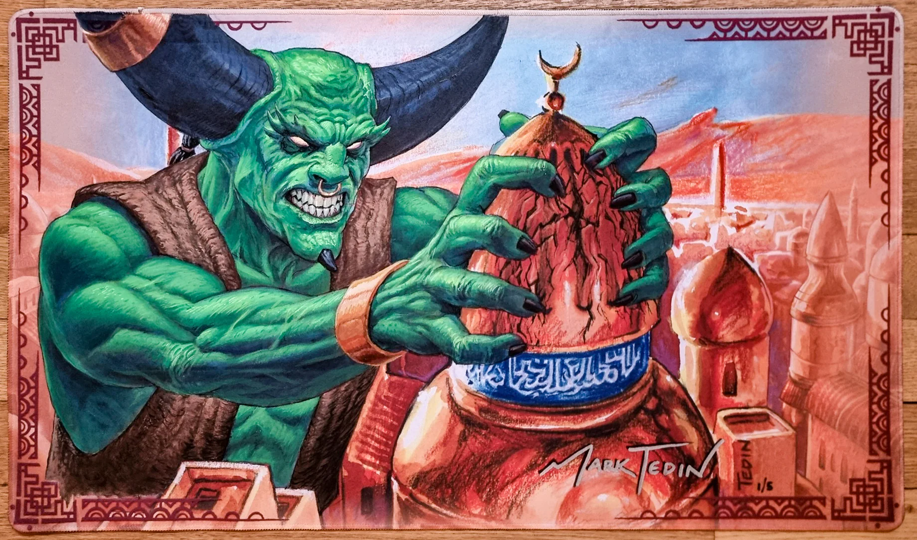 Juzám Djinn on City of Brass - Mark Tedin - Super Artist Proof Limited Edition [#1 of 5 Copies] - Stitched - Shadow signed and Painted MTG Playmat