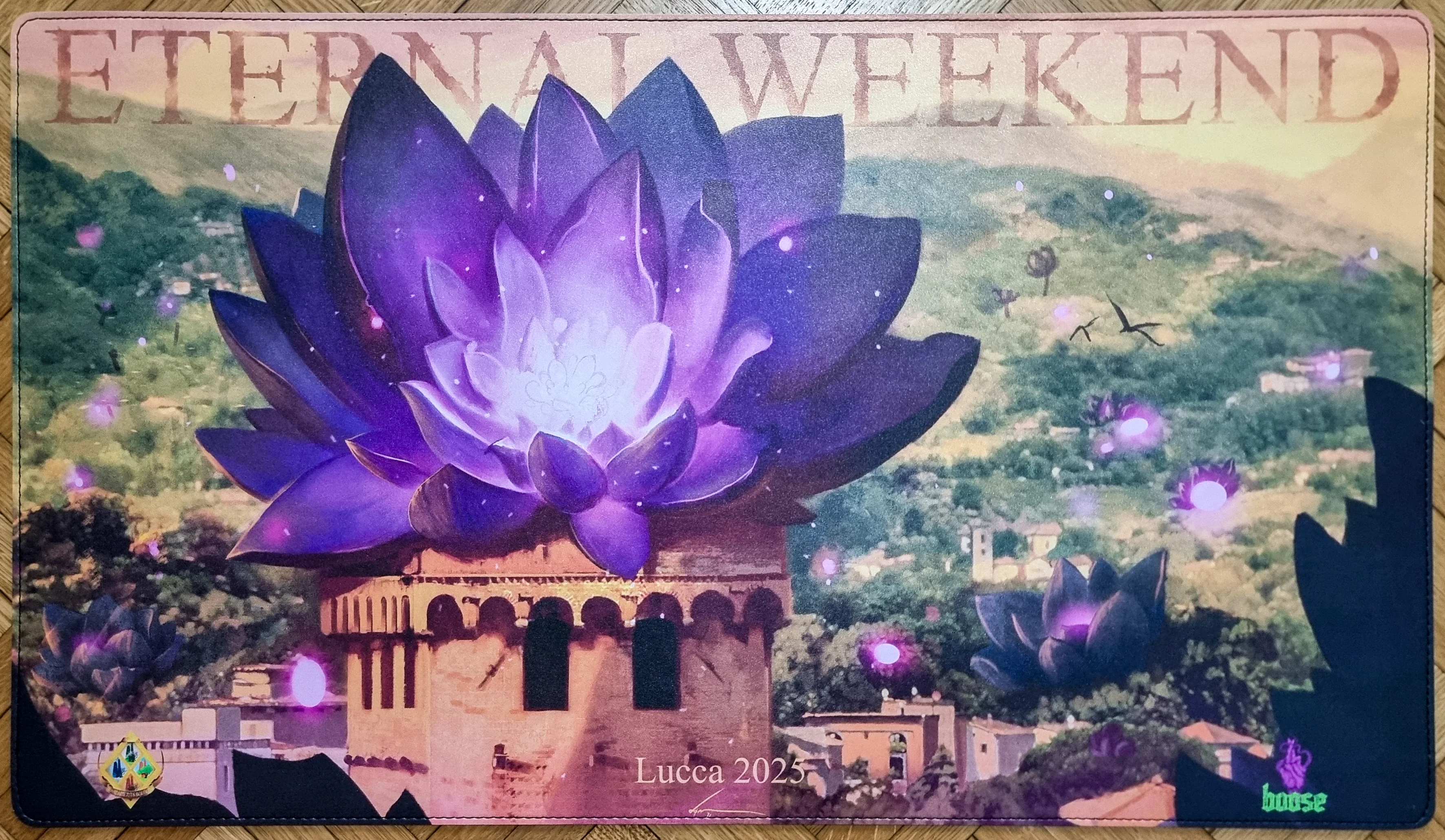 Lotus Field at Lucca's Tower - Domenico Cava - Eternal Weekend Lucca 2025 - Stitched MTG Playmat