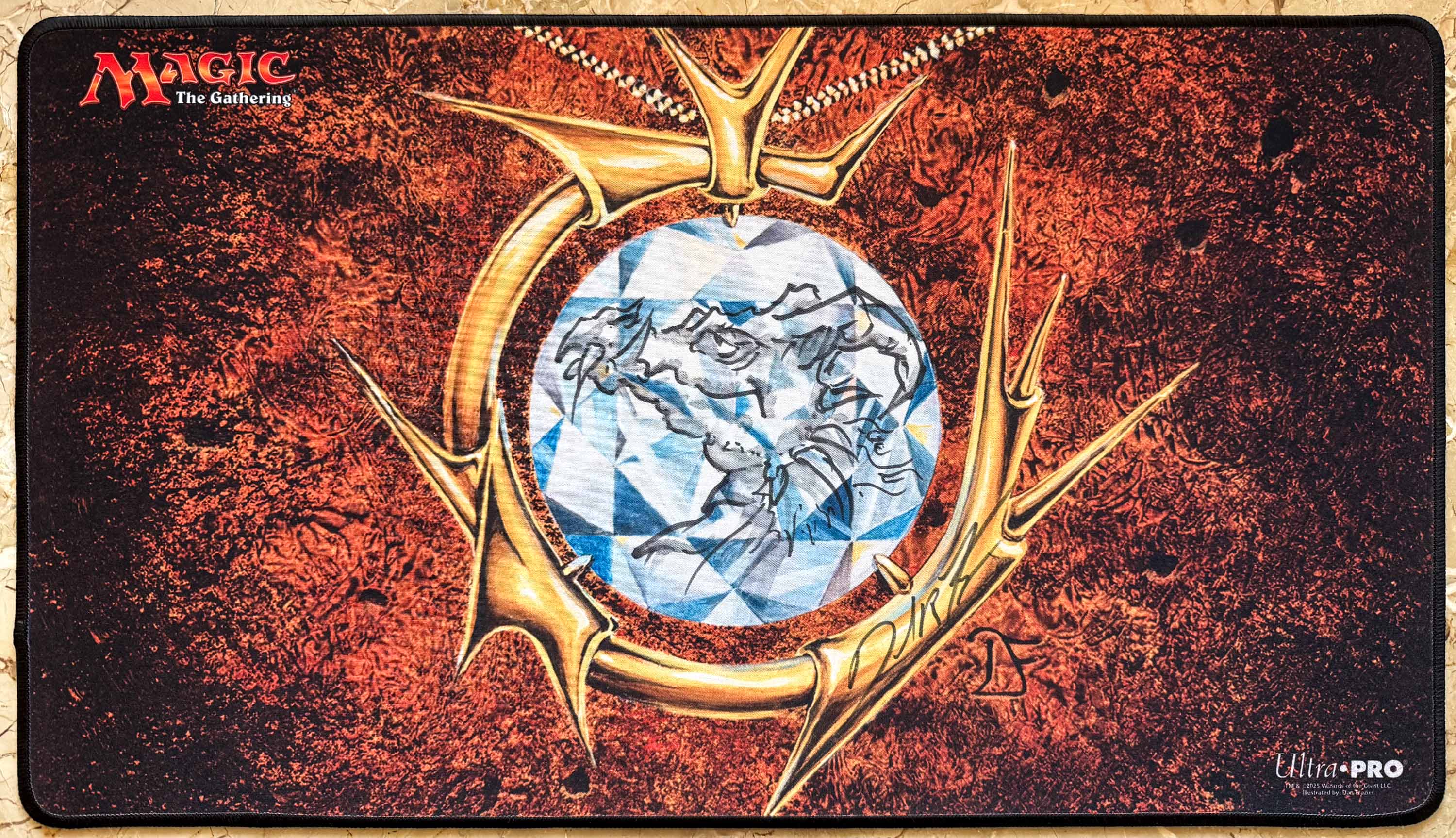Mox Diamond - Dan Frazier - Signed, Sketched [V2] & Stitched MTG Playmat